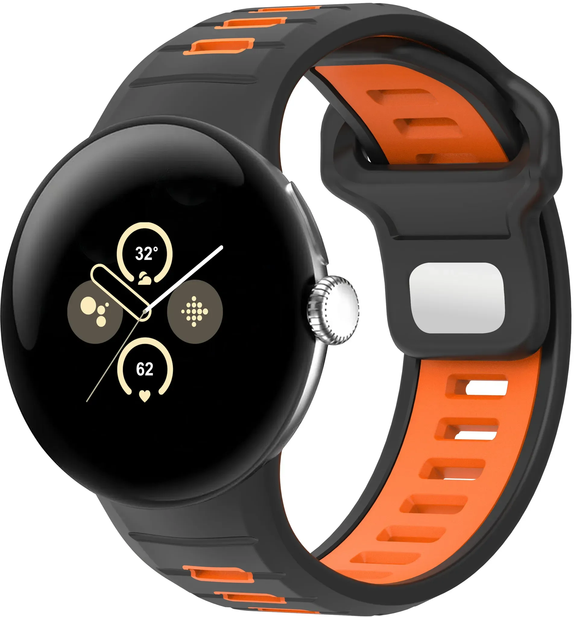 Strap-it Google Pixel Watch 4 (45mm) Armband Silikon 'Sport' für Google Pixel Watch 4  - 45mm - Schwarz/Orange - Druckknopf Verschluss