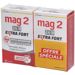 MAG 2 - 24H Extra stark - Anti-Nervosität und Anti-Müdigkeit - Nahrungsergänzungsmittel mit Magnesium, Vitamin B6, Vitamin D und Taurin - 90-Tage-Programm - Lot 2x45 Tabletten