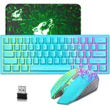 Wireless Gaming Tastatur Maus Set Kabellos Beleuchtet Mini RGB LED Leuchtende Ergonomische 3800mAh Wederaufladbare Mechanische Feel 2400 DPI Für PC - Blau