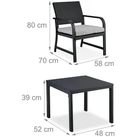 Relaxdays Balkonmöbel Set, 3-teilig, 1 Tisch & 2 Stühle, Kissen, Gartengarnitur Rattanoptik, Stahl & Kunststoff, schwarz