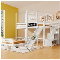 Ulife Etagenbett Kinderbett Hausbett Hochbett mit Tafel und Rutsche, Treppe mit Stauraum,90x200 cm weiß 211 cm x 246 cm x 195 cm