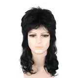 LeMarnia Herren 80er Jahre Vokuhila Perücke Rocker Punk Popstar Perücke Schwarz Lange Lockig Halloween Party Kostüm Perücken