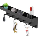 Schlüsselbrett mit Ablage, Modern Schlüsselboard Schwarz Selbstklebend Schlüsselhalter ohne Bohren, Schlusselhanger Schlüssel Aufbewahrung Schlüsselleiste Wandorganizer Hakenleiste mit 6 Haken (Black)
