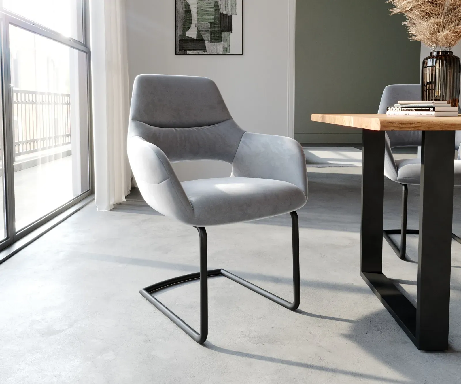 DELIFE Cantilever Yago-Flex avec accoudoirs velours gris cantilever rond noir, Chaises de salle à manger