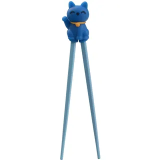 TOKYO design studio ESS-Stäbchen für Kinder, blau, 22 cm, mit süßer Glücks-Katze als Halterung für Anfänger, Stäbchen auswechselbar