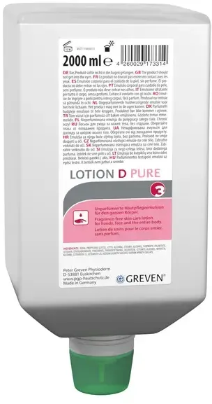 Hautschutzlotion Peter Greven Speziallotion D pure 2 L für Hände, Gesicht und den ganzen Körper, unparfümiert
