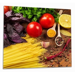 Wallario Herd-Abdeckplatte Italienisches Menü mit Spaghetti, Tomaten, Basilikum und Gewürzen, ESG-Sicherheitsglas, (Glasplatte, 2 tlg., inkl. 5mm Noppen), verschiedene Größen gelb 60 cm x 52 cm
