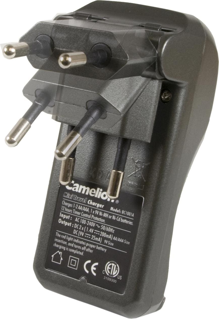 Camelion Reise-Steckerladegerät für 2x AA/AAA oder 1x 9V, klappbarer Stecker (1 Stk., AA, Ladegerät ohne Akku), Akku Ladegerät