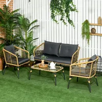 Gartenmöbel-Set Rattan Sitzgruppe mit Kissen im Boho-Stil für 4 Personen Sitz