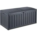Keter Glenwood Kissenbox, Auflagenbox, 390 Liter Volumen, Wasserdicht, Graphit, Holzoptik, Sitzbank für 2 Erwachsene,134.5L x 74.5W 13.3H cm, Gartenbox, Grau