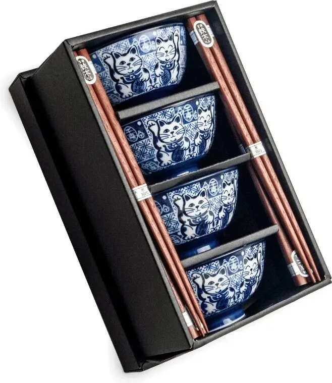 Japanische Glückskatzenschalen mit Essstäbchen - Essgruppe - 4er Set