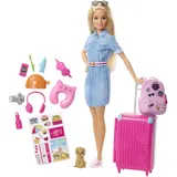 Barbie Barbie-Puppe Barbie Dream House Adventures, Reise-Barbie mit blonden Haaren, rosa Koffer, Rucksack, Nackenkissen, Welpe, Barbie-Zubehör, Geschenke für Kinder ab 3 Jahren,FWV25