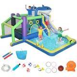 8-in-1 Aufblasbar Hüpfburg Mit Hai-design Gebläse Rutsche Planschbecken Trampolin Für 3–8 Jahre 405x345x235cm Mehrfarbig