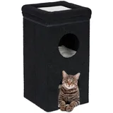 Relaxdays Katzenhöhle, HxBxT: 76 x 40 x 40 cm, faltbares Katzenhaus mit 3 Ebenen, Katzenversteck mit Kratzbrett, schwarz