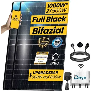 epp.solar Balkonkraftwerk 1000W Komplettset Photovoltaik Solaranlage 2x500W Bifazial Solarmodule mit Deye 800W drosselbar Wechselrichter und 3m Schukostecker