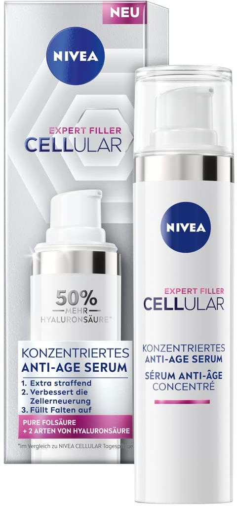 NIVEA Cellular Expert Filler Konzentriertes Anti-Age Serum (40 ml), Anti Falten Serum mit Hyaluron- und Folsäure, konzentriertes Hyaluron Serum für jünger aussehende Haut