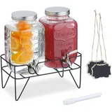 Relaxdays Getränkespender mit Ständer, 2 Limobehälter je 4L, Zapfhahn aus Edelstahl, Glas Wasserspender, transparent