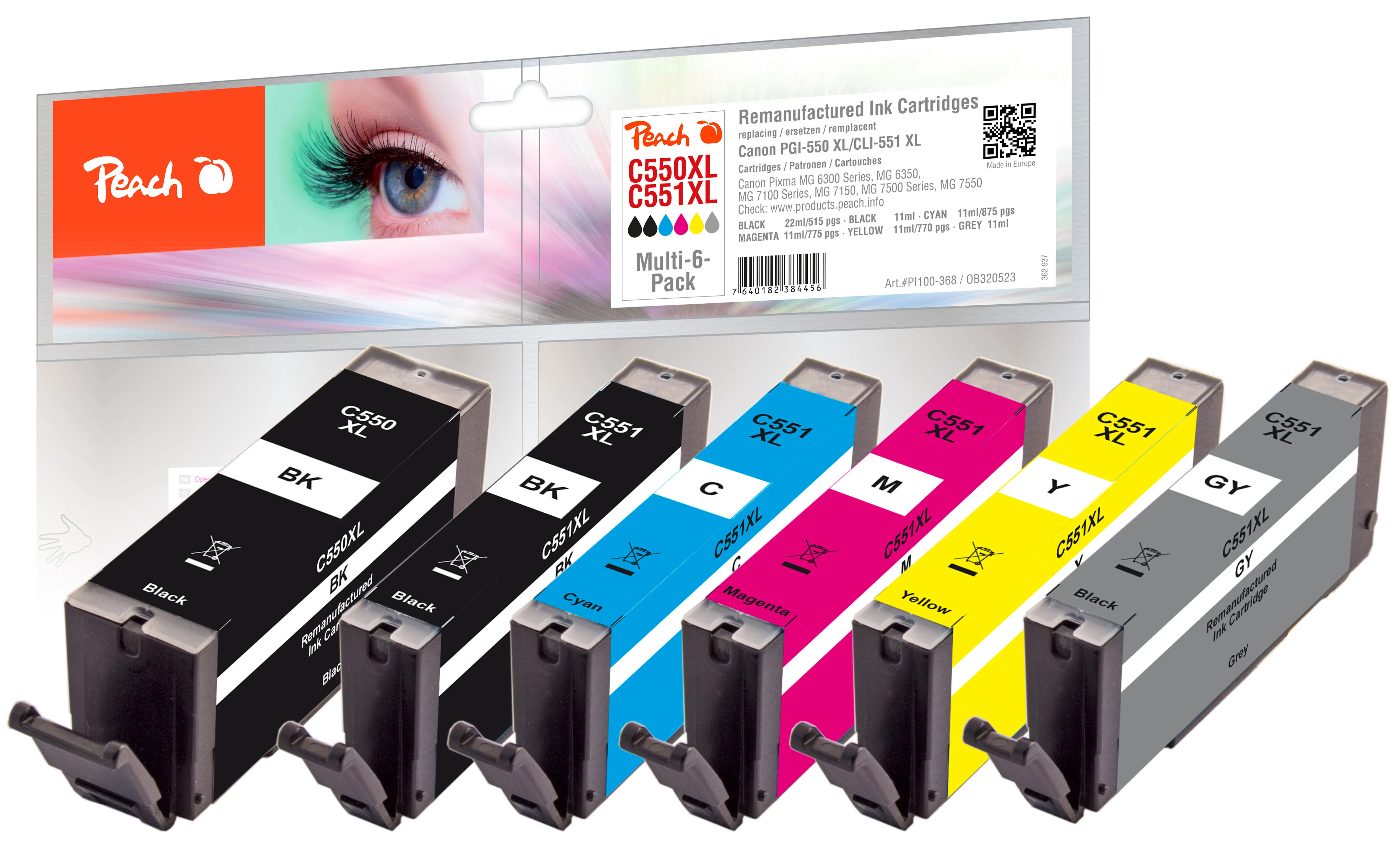 Peach Spar Pack mit grau Tintenpatronen XL-Ergiebigkeit, kompatibel zu Canon PGI-550XL, CLI-551XL