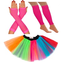 80er Jahre Kostüm für Damen Neon Tutu Rock 80er Jahre Kostüm Neon Party Zubehör 1980er Jahre Kostüm für Damen Neon Tutu Neon Beinwärmer Neon Fischnetz Handschuhe Rave Outfit (14-22 UK, Regenbogen)