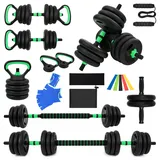 ARATERVIO 6-in-1 Multifunktions-Hantelset 20KG – Verstellbare Kurzhantel & Langhantel mit Kettlebell, Liegestützgriffen, Springseil & Bauchtrainer, Fitness Set (Grün)