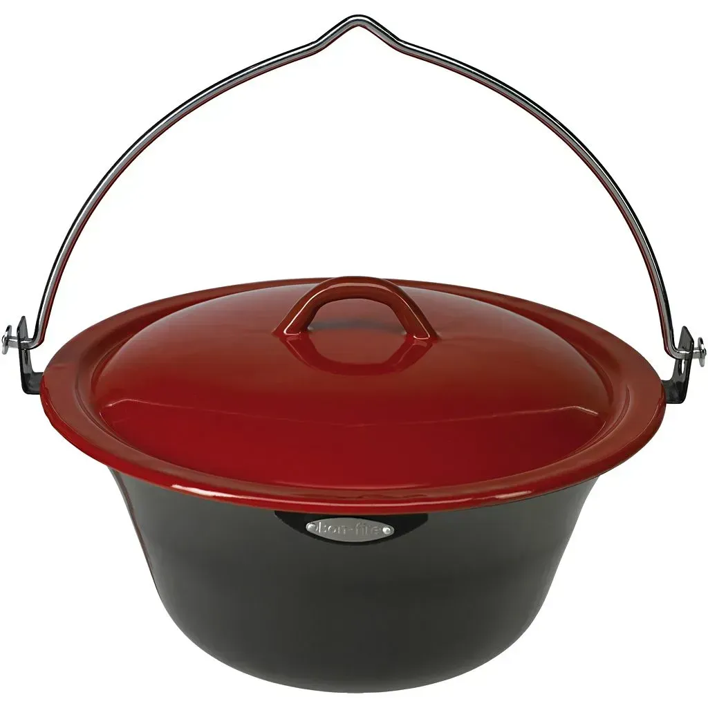 Campingtopf 8 Liter mit Deckel, emaillierter Stahl, rot, aufhängbar, spülmaschinengeeignet - Bon-fire Feuertopf