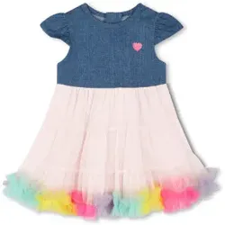 Billieblush für Mädchen. U20814 Mehrfarbiges Kleid mit Planken (12meses= 74cm), Lässig, Baumwolle, Denim, Kurzarm, Kinderbekleidung