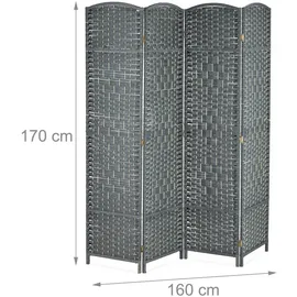 Relaxdays Paravent Raumteiler, HxB: 170x160 cm, Faltbarer Raumtrenner, 4-teiliger Sichtschutz, Holz & Papierseil, grau