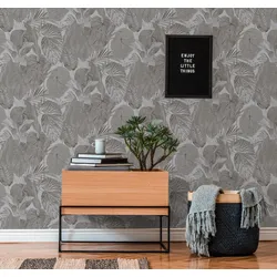 Vliestapete LIVING WALLS "Famous Garden Natur-Tapete Mustertapete Dschungel-Optik Dschungeloptik", grau (grau,anthrazit), B:0,53m H:0,02m L:10,05m, Vlies, Tapeten, Vliestapete botanisch für Schlafzimmer Küche Wohnzimmer Dschungel Flur