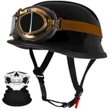 Deutsche Motorrad Jethelm ECE-Zertifizierung, Vintage Halbhelme Halbschalenhelm mit Schutzbrille Chopper Helm für Cruiser Street Scooter mit Schnellverschlussschnallen 22.4-25.2in