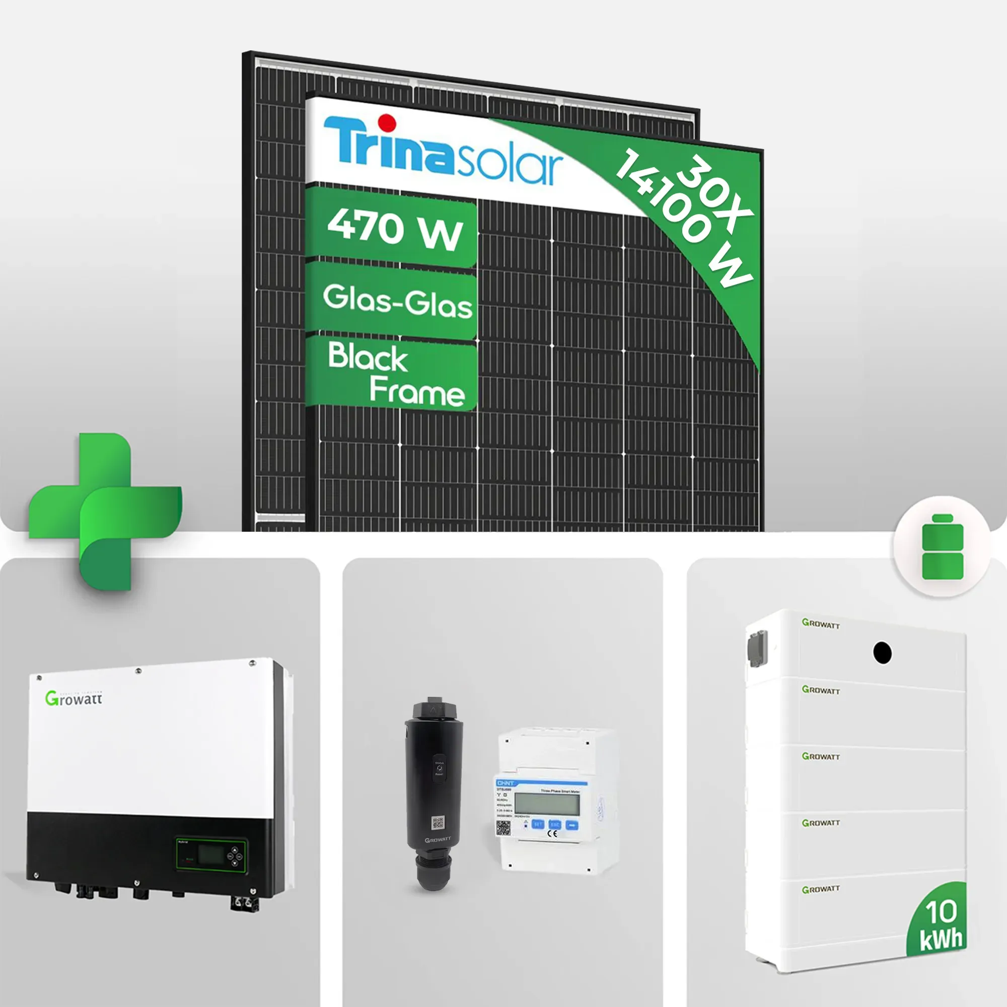 PV Anlage 14 kWp – 30× Trina Vertex S+ 470W Glas-Glas Black Frame & Growatt SPH 10000TL3-BH-UP Hybrid mit Growatt ARK 2.5H-A2 Speicher Notstrom Netzunabhängig / inkl. 0 % MwSt. für Privatkunden