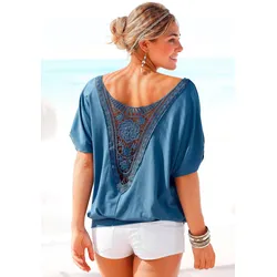 Strandshirt, mit Häkeleinsatz am Rücken, T-Shirt, weite Passform, luftig und locker, Gr. 40/42, rauchblau, , 617898-40