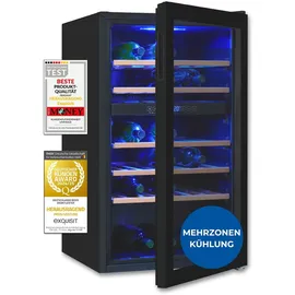 Exquisit Weinkühlschrank 2 Zonen, Platz für 45 Flaschen, 119 Liter, Umluftventilator, 5 Holzablagen, Digitale Temperaturanzeige, WS2-45-GTE-160G schwarz