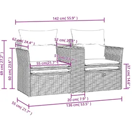 vidaXL Gartensofa 2-Sitzer mit Hockern Grau Poly Rattan