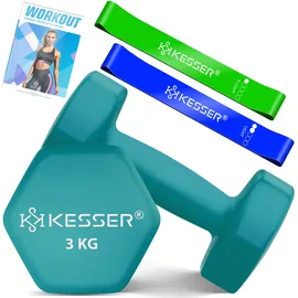 Kesser KESSER® Hanteln Hantelset 2er Set 2kg - 5kg farbig, Kurzhanteln Neopren, Hexagon, Krafttraining, Workout, Fitnesstraining, für Zuhause Mit Übungsheft, 2x Fitnessbänder