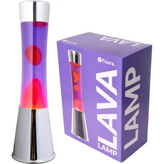 FISURA - Lavalampe rot und lila. Verchromter Silbersockel, lila Flüssigkeit und rote Lava. Lavalampe mit Ersatzbirne. Maße: 11 x 11 x 39,5 Zentimeter.