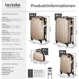 Tectake tectake® Hartschalenkoffer-Set, Cleo 4-teilig, 3 Trolleys, 1 Beauty Case inkl. Kofferwaage und -anhänger - Beige