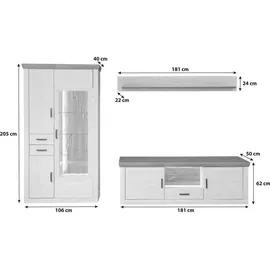 MID.YOU Wohnwand, Eiche, Pinien, Metall, 10 Fächer, 3 Schubladen, 297x205x50 cm, Made in EU, Wohnzimmer, Wohnwände, Wohnwand-Sets