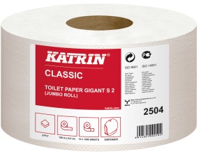 KATRIN Gigant Toilettenpapier S 150 m, Qualitative Jumborolle Toilettenpapier (Gigant) für alle öffentliche Bereiche, 1 Paket = 12 Rollen à 1200 Blatt