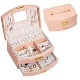 Schmuckkästchen, tragbare Reise-Schmuckbox mit abschließbaren Ohrringen, Halsketten, Armbändern, Aufbewahrungsbox, Geschenke für Mädchen und Damen (Pink)