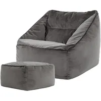 I.C.O.N. Icon Sitzsack Sessel mit Hocker für Erwachsene, Dunkelgrau, Flauschiger Samtstoff, Riesen Sitzsack Samt mit Füllung, Bean Bag Chair, Bequemer Sessel Wohnzimmer, Lounge, Schlafzimmer, Büro