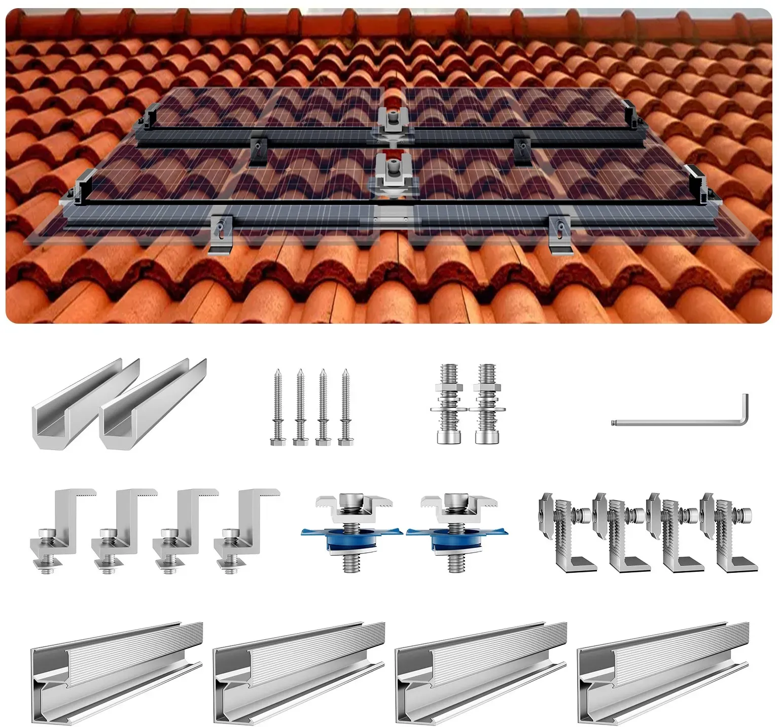 VEVOR Solarmodul Halterung Montage Set 4x Montageschiene 4x Endklemmen Zubehör