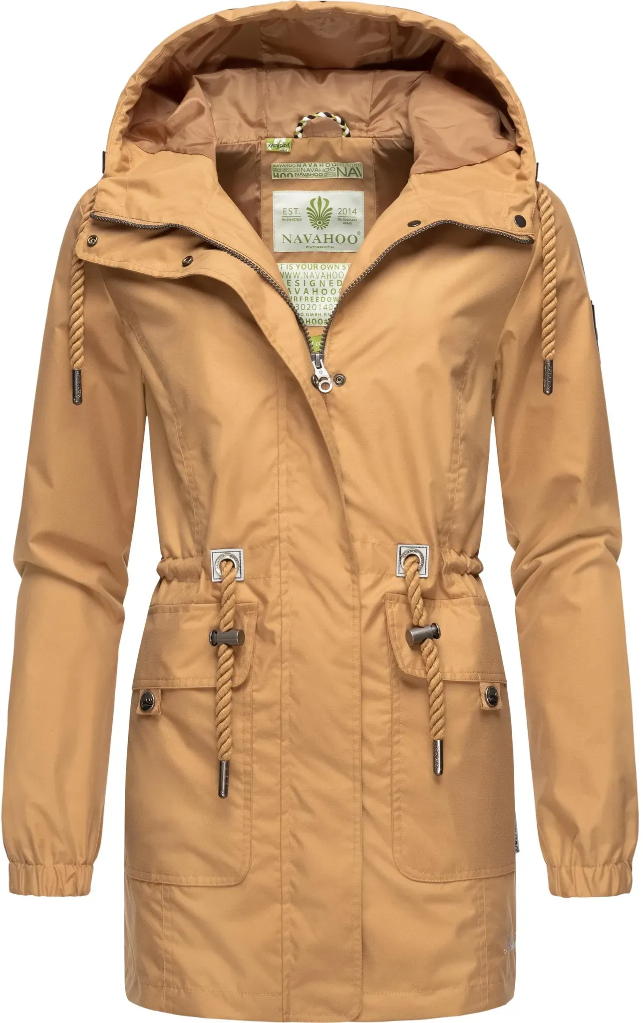 Outdoorjacke NAVAHOO "Neophee", Damen, Gr. XS (34), braun, Obermaterial: 100% Polyester (recycelt), Futter: 100% Polyester (recycelt), Ärmelfutter: 100% Polyester (recycelt), Basic, figurumspielend Po-bedeckend, hoch geschlossener Ausschnitt, Langarm Ärmel ohne Ärmelschlitz elastischer Bund mit innenliegendem Gummizug, Jacken, Damen Übergangs Parka aus recycelten Materialien