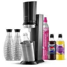 Sodastream Crystal 3.0 schwarz + 3 Glaskaraffen + Zylinder + 2 Sirups