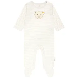Steiff Baby Strampler - Einteiler, Baumwolle, Bär, Streifen, Druckknöpfe, Logo, langarm Beige/Weiß 50