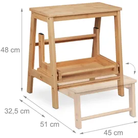 Relaxdays Tritthocker, klappbar, 2 Stufen, bis 100 kg, Kinder, Haushalt, HBT 48 x 45 x 51 cm, Bambus Klapphocker, Natur