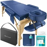 KESSER Massageliege 2 Zonen Massagetisch mit Holz-Füßen 180x60x62-90 cm (Mobile Kosmetikliege inklusive Tragetasche & 10x Tücher), höhenverstellbare & klappbare Massagebett mit Kopfstütze & Armlehnen blau 60 cm x 90 cm