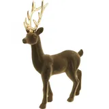 Deko Hirsch Beflockt Braun H37cm Weihnachtsdeko Rentier Figur Gold Geweih