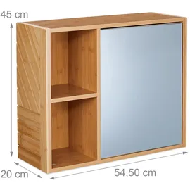 Relaxdays Spiegelschrank, 2 offene Fächer, mit Spiegeltür, H x B x T: 45 x 54,5 x 20 cm, Badezimmer Hängeschrank, natur