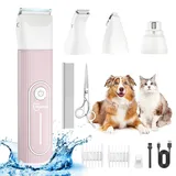 Hoofun 4 in 1 Leise Hundeschermaschine, IPX7 Wasserdicht Profi Schermaschine Hund Katze mit 4 Größen Trimmerkopf, Schnurlosen Elektrische Tierhaarschneidemaschine für Hunde Katzen Kaninchen(Rosa)