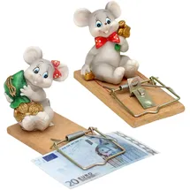 Dekohelden24 Geldgeschenk Maus auf Mausefalle im 2er Set, 4 x 10 x 6 cm.
